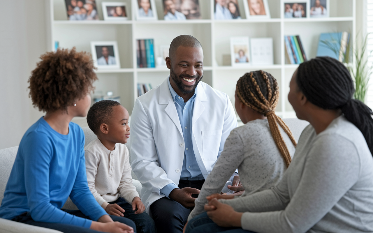 A family medicine doctor in a comfortable clinic setting, smiling while interacting with a diverse group of patients including children and adults. The room is bright and inviting, filled with family photos and medical charts, emphasizing relationship-building in a warm atmosphere. The doctor wears a lab coat and demonstrates a caring demeanor, showcasing the essence of a fulfilling primary care practice.