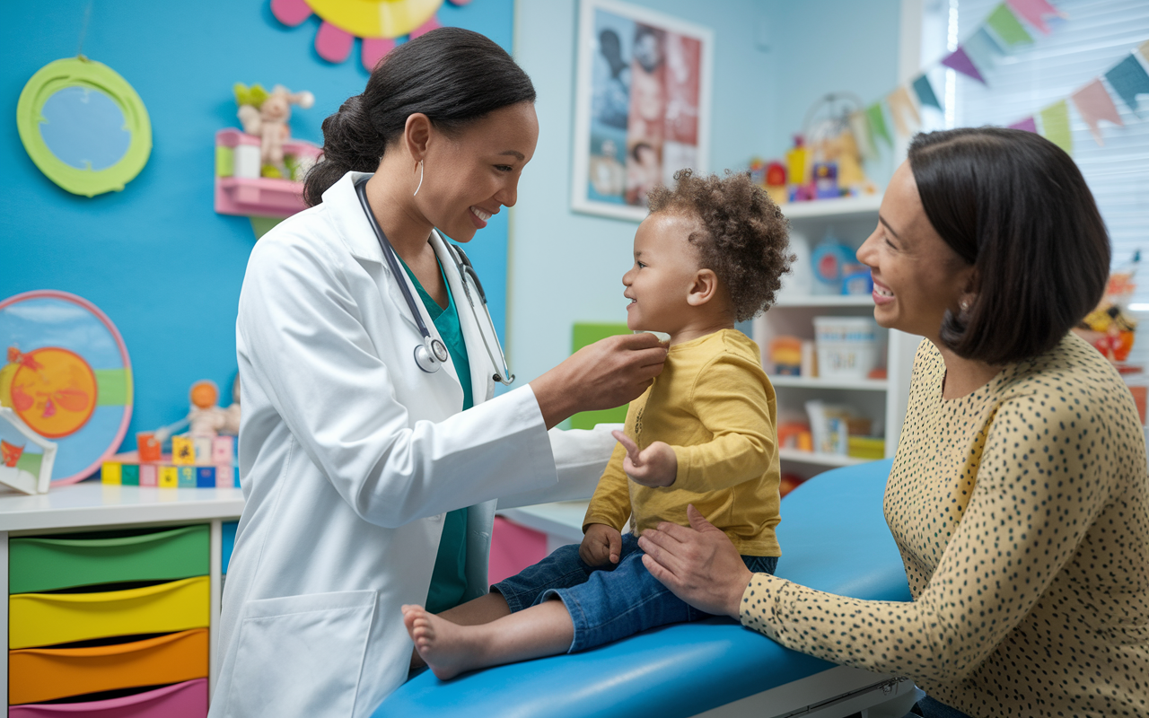 A pediatrician in a colorful clinic examining a young child, while the child’s parent looks on with a smile. The room is adorned with playful decorations, toys, and educational posters. The pediatrician exudes warmth and approachability, creating a nurturing environment where health and development are prioritized. The lighting is bright and cheerful, symbolizing the joy in caring for children.