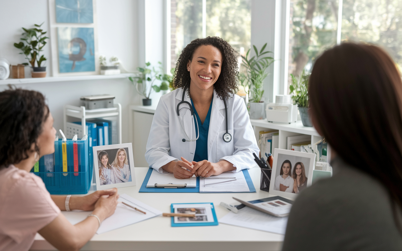 A portrait of Dr. Maria, a family medicine physician, happily interacting with patients in her bright and welcoming clinic. She is surrounded by medical equipment, patient charts, and family photos on the desk, encapsulating her dedication to her work and her patients. The atmosphere is nurturing and filled with natural light, portraying the balance between work and personal life.