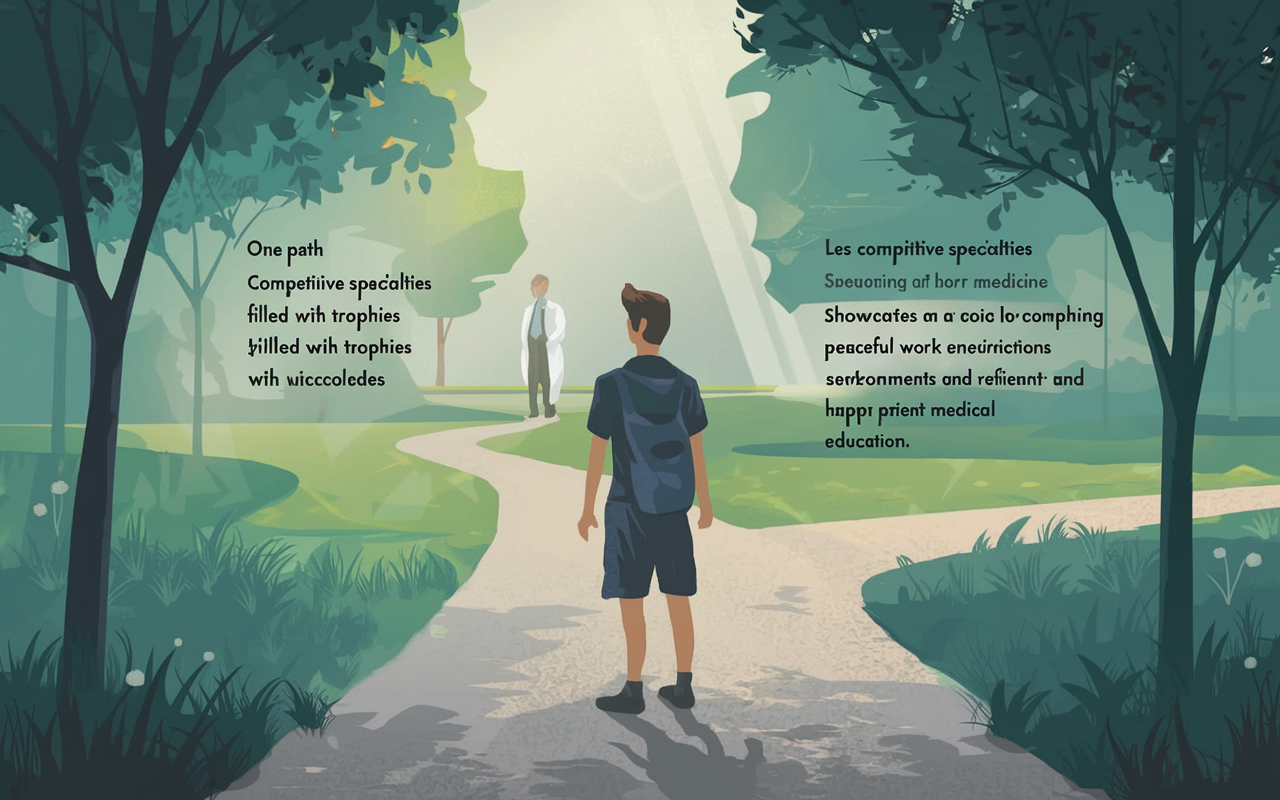 A thought-provoking depiction of a medical student standing at a crossroads in a serene park-like setting, contemplating their future in medicine. One path leads to 'Competitive Specialties' filled with trophies and accolades, while the other leads to 'Less Competitive Specialties' showcasing peaceful work environments and happy patient interactions. Soft morning light creates an atmosphere of hope and reflection, inviting choices in the journey of medical education.