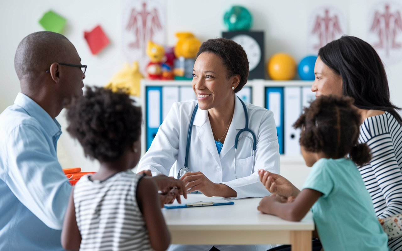 A family physician in a bright, welcoming office, interacting compassionately with a diverse family. The physician, a middle-aged woman wearing a white coat, is consulting with parents and their children. The clinic is equipped with colorful decor, children's toys, and medical charts visible in the background. The atmosphere is warm and supportive, emphasizing the critical role of family medicine in community health.