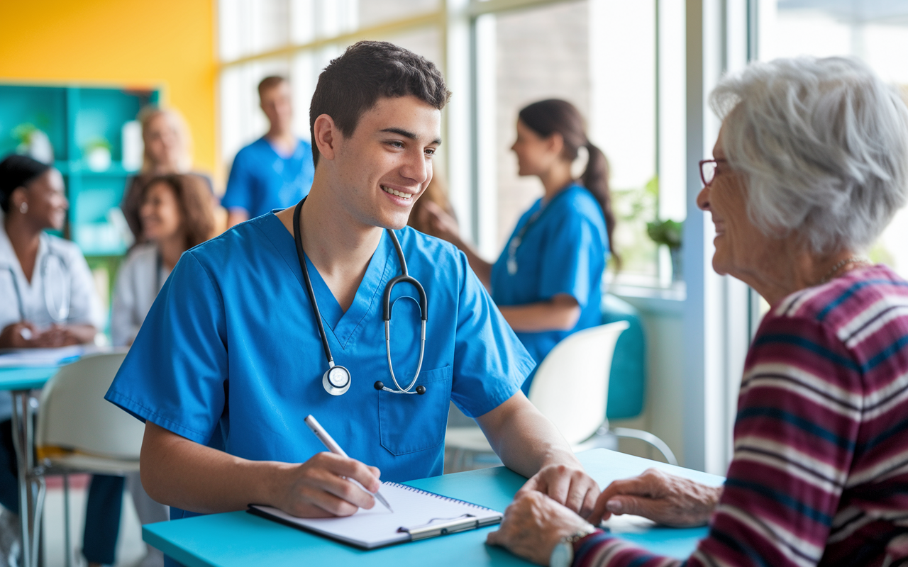 A med student, dressed in scrubs, enthusiastically engaging with patients in a vibrant community clinic. The student, a young man, is taking notes while listening to an elderly patient discussing her health. The clinic is colorful and lively, with other healthcare professionals nearby, emphasizing teamwork and compassionate care. Natural light filters in through big windows, giving a sense of optimism and community.