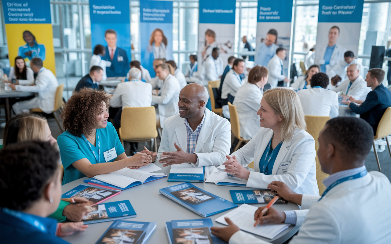 A vibrant medical conference scene with diverse healthcare professionals engaged in networking and discussions. Tables adorned with brochures and medical journals, attendees exchanging ideas enthusiastically. Background features banners of various specialties and a bustling atmosphere, illustrating the collaborative and innovative spirit of the medical community.