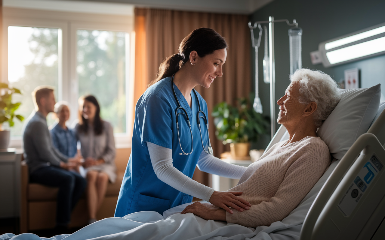 A compassionate palliative care specialist interacting with an elderly patient in a serene hospital room, filled with soft natural light. The environment radiates warmth, with a small family gathered nearby, showcasing the emotional connection and holistic approach to care. The scene captures the essence of empathy, comfort, and support, highlighting the importance of quality of life in healthcare.