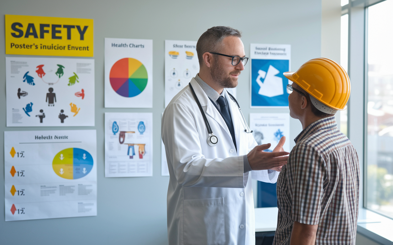 An occupational medicine physician assessing a worker's health in a bright and modern office environment. The doctor is surrounded by safety posters and health charts, speaking with the worker attentively. The setting conveys a professional and reassuring atmosphere, emphasizing the specialties’ focus on prevention and wellness in diverse industries.