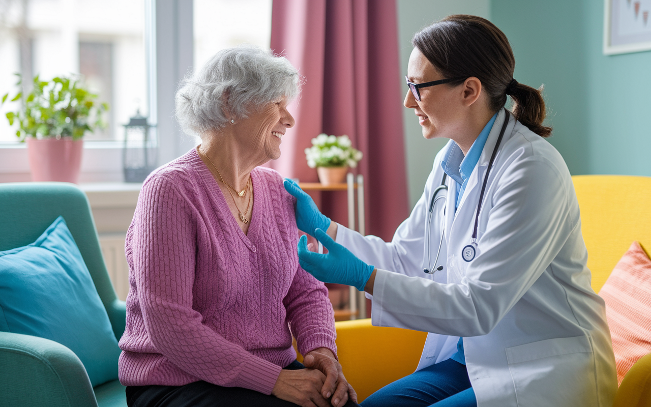 A geriatric medicine specialist in a cozy clinic examining an elderly patient, surrounded by bright colors and inviting decor. The focus is on the caring interaction, where the physician is actively listening and discussing treatment options with genuine concern. Soft, natural light filters through the window, reflecting a supportive healthcare environment dedicated to elderly care.