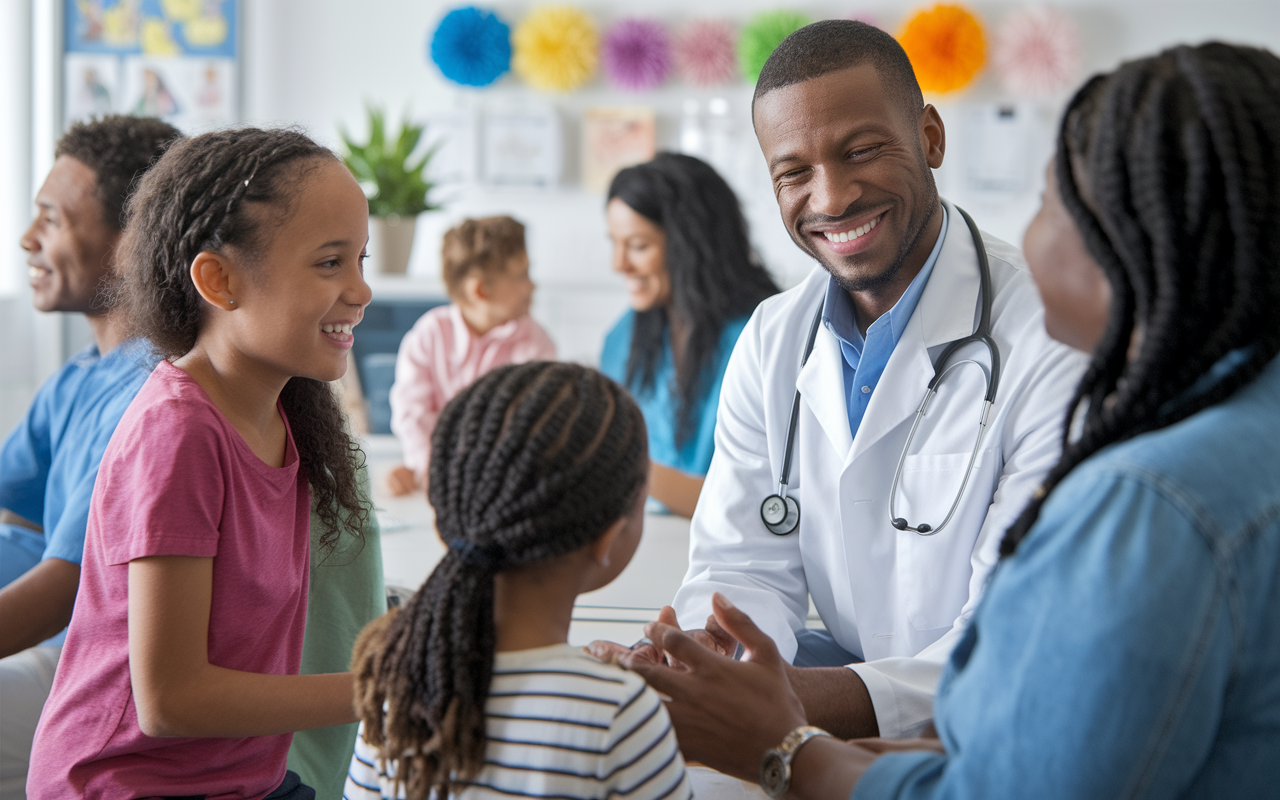 A friendly family medicine physician interacting with a family in a lively clinic, where patients of all ages are present. The atmosphere is warm and welcoming, with colorful decorations on the walls and a sense of community palpable. The physician is smiling and engaging with both children and adults, showcasing the diversity and relevance of family medicine.