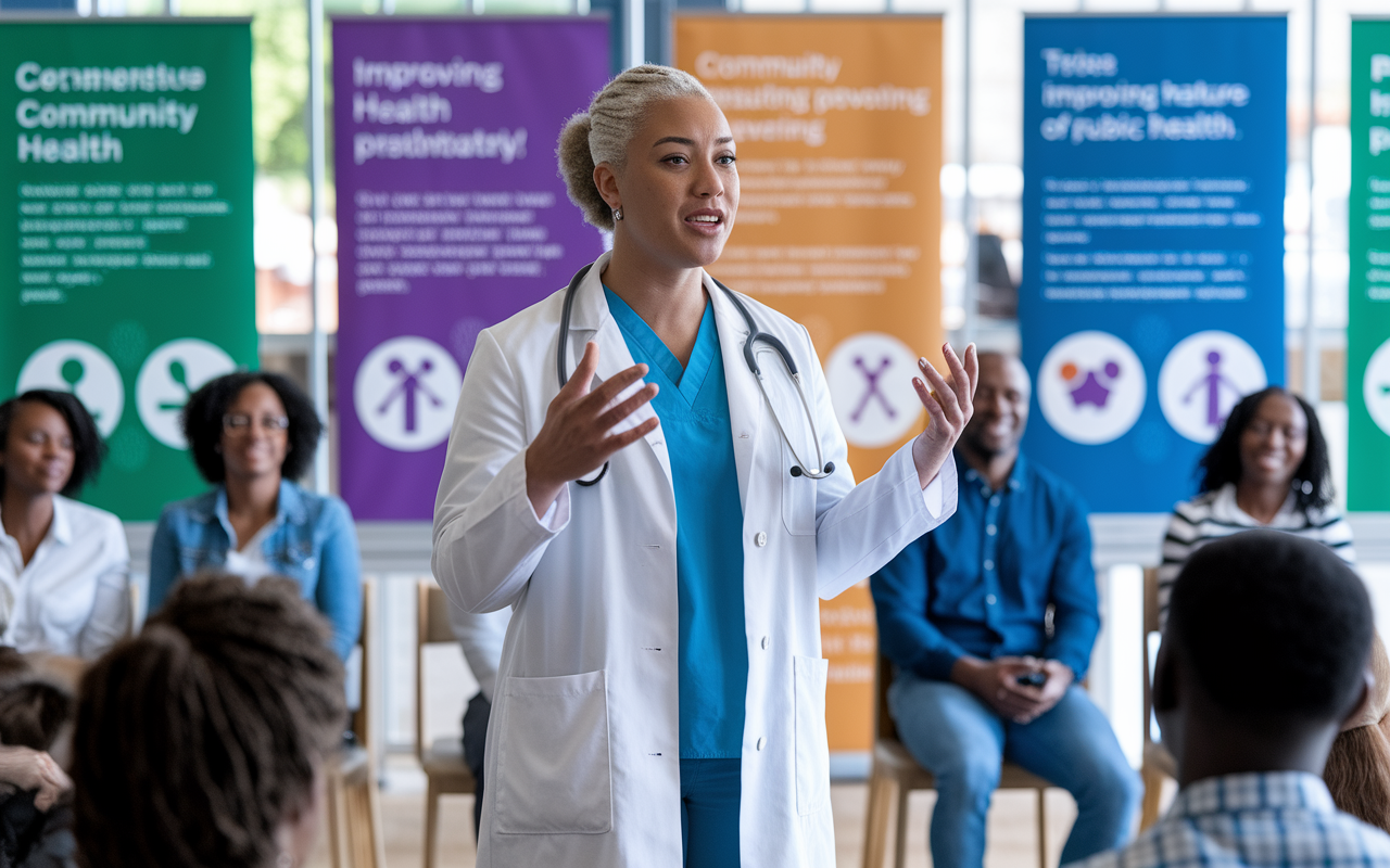 A public health physician engaged in a community health seminar, addressing a diverse audience at a local community center. The setting is vibrant and engaging, with informational banners about health tips and disease prevention displayed. The physician gestures as they speak passionately about improving community health, encapsulating the proactive nature of public health practice.