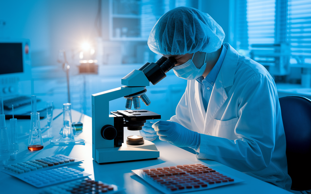 A pathologist intensely studying tissue samples under a microscope in a high-tech laboratory. The room is softly lit, with various lab equipment and slides creating an atmosphere of focused research. The scene reflects precision, science, and dedication, portraying the critical role of pathology in the medical field.