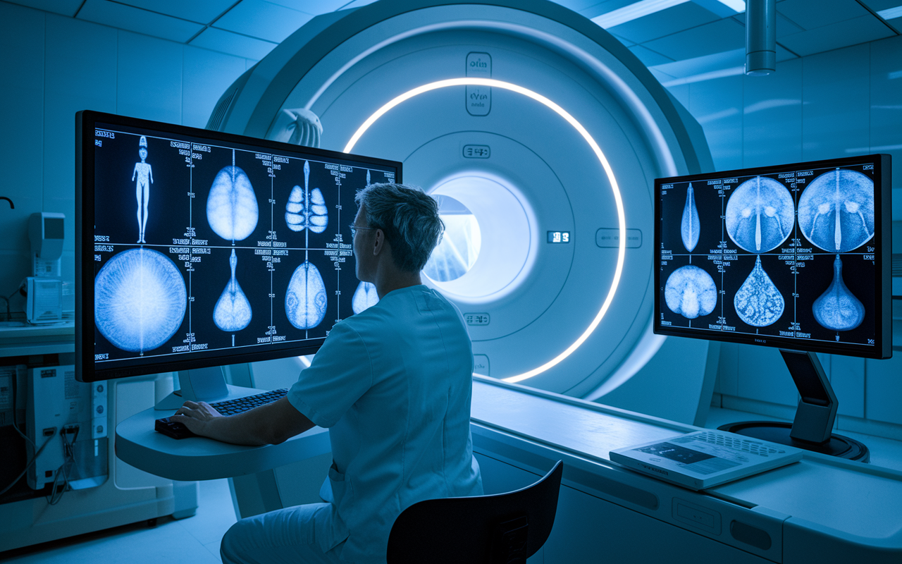 A radiologist interpreting images on a computer screen in a modern hospital's radiology department. Various digital scans illuminate the room, featuring an advanced imaging system. The atmosphere conveys innovation and expertise, highlighting the crucial role of radiologists in patient care through technology.