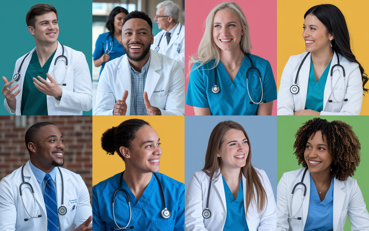 A collage of medical students discussing various specialties in a casual setting, surrounded by visuals of different specialties like family medicine, geriatric care, and occupational health. The atmosphere is lively, portraying excitement and curiosity about future careers in medicine, showcasing the diversity and potential paths available to medical students.