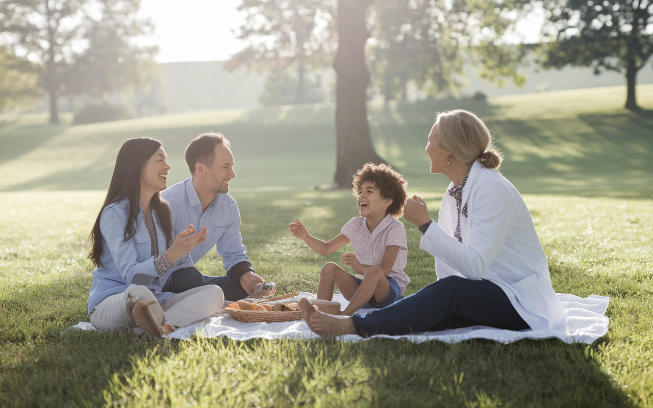 A serene setting depicting a family medicine practitioner enjoying a balanced life. The scene shows the doctor outside with their family at a picnic in a sun-drenched park, laughter and joy in the air. The professional attire is visible, hinting at their dual role as a caregiver and family member. The background includes gentle rolling hills and trees, creating a peaceful atmosphere that captures the essence of work-life balance in medicine.