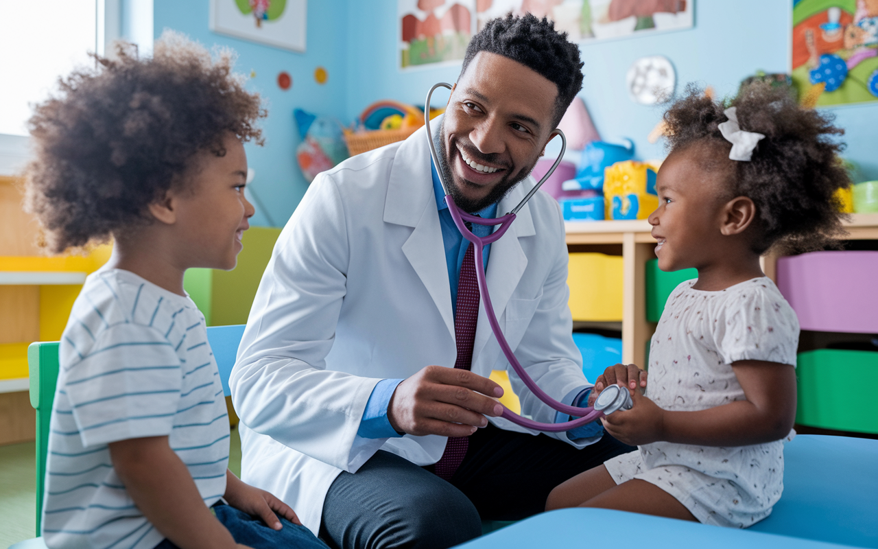 An enthusiastic pediatrician at work, interacting joyfully with young patients in a colorful clinic. The room is bright and cheerful, adorned with playful artwork and toys. The pediatrician kneels to be at eye level with a child holding a stethoscope, smiling warmly. This scene exudes camaraderie, patience, and fulfillment, symbolizing the satisfaction derived from nurturing young lives and creating meaningful connections.