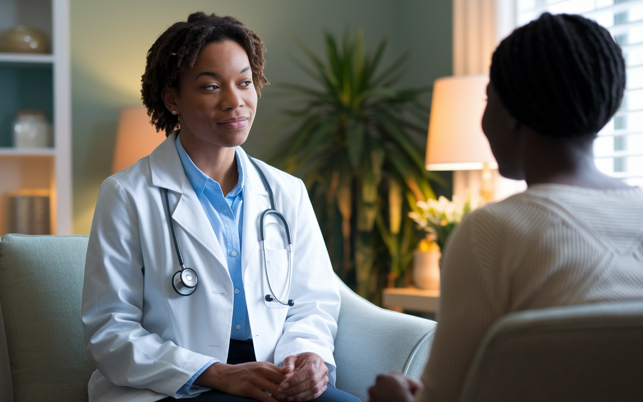 A calm family medicine resident in a tranquil clinic environment, engaging in a thoughtful conversation with a patient. The room embodies a peaceful ambiance with soft lighting and cozy decor. The resident exhibits a relaxed yet professional demeanor, reflecting the lower stress levels associated with less competitive specialties. Daylight filters through the window, adding warmth and an inviting feeling to the scene, emphasizing mental wellness and supportive patient care.