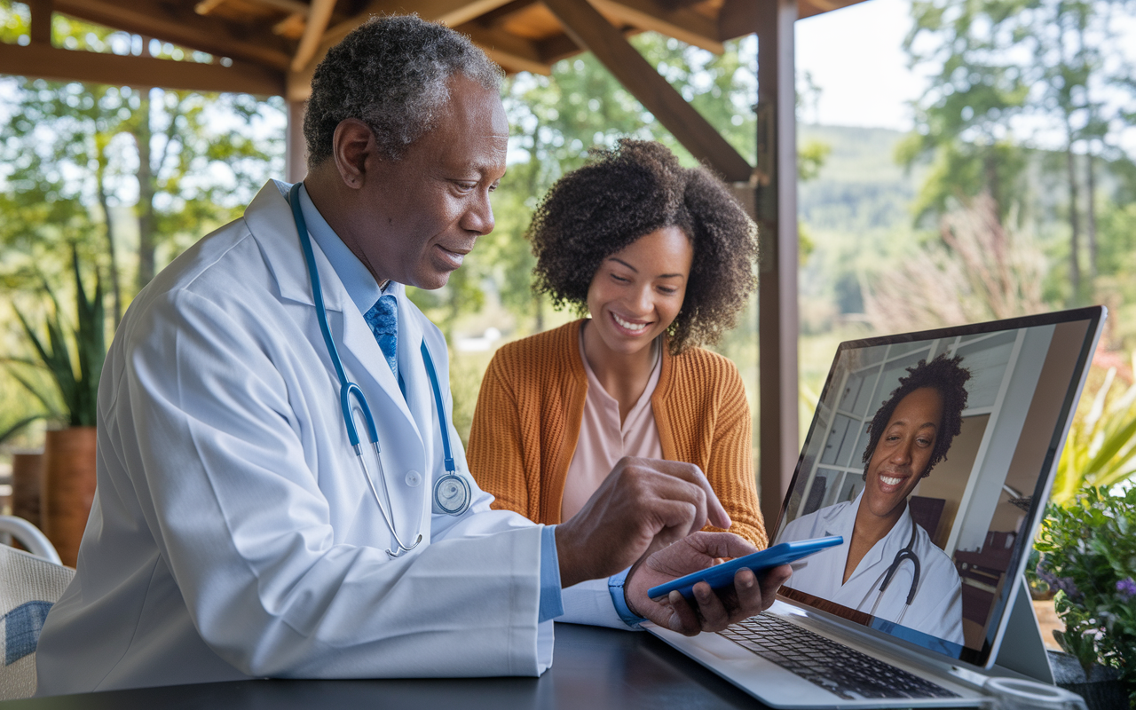 A dedicated rural physician working in a picturesque small-town healthcare setting, examining a patient in a cozy clinic surrounded by nature. The scene depicts the physician using a handheld device for a telehealth consultation with another patient appearing on the screen. The environment is bright and cheerful, showcasing the flexibility and diverse opportunities available in less competitive specialties like rural healthcare. The physician exudes a sense of purpose, contributing significantly to community well-being.