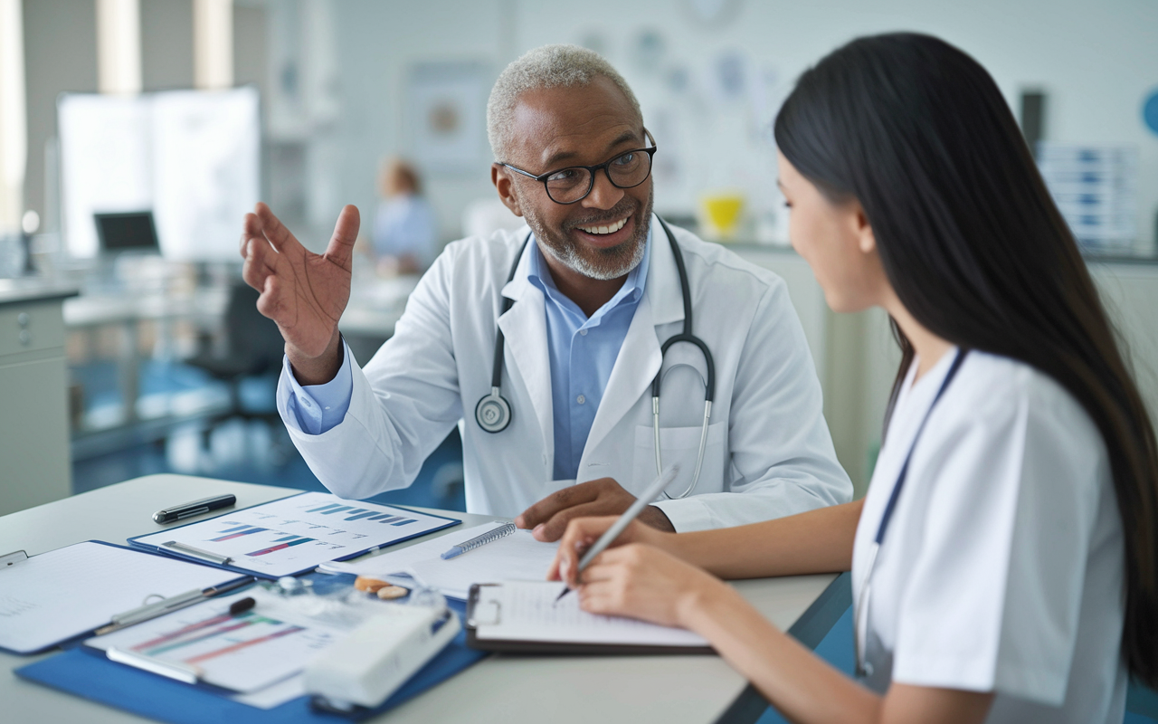 An experienced pediatrician mentoring a young resident in a spacious, well-equipped training room. The older physician gestures animatedly, sharing valuable knowledge while the resident takes notes, absorbing the wisdom. The scene conveys a supportive atmosphere filled with respect and learning. Charts and medical tools are neatly organized around them, representing the collaborative spirit of less competitive specialties that foster strong mentorship.