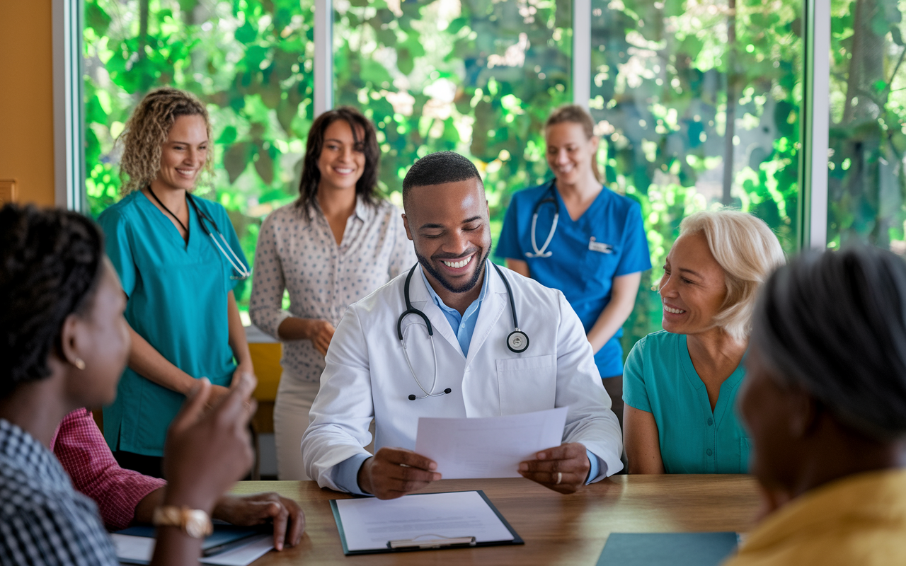 A joyful medical professional celebrating a successful career in a rural health clinic with vibrant greenery outside the windows. The physician is reviewing a loan forgiveness document and smiling, surrounded by supportive staff and grateful patients. The clinic is bustling yet encouraging, highlighting the financial stability and peace of mind associated with working in less competitive specialties. The atmosphere reflects a sense of community and fulfillment in serving underserved populations.