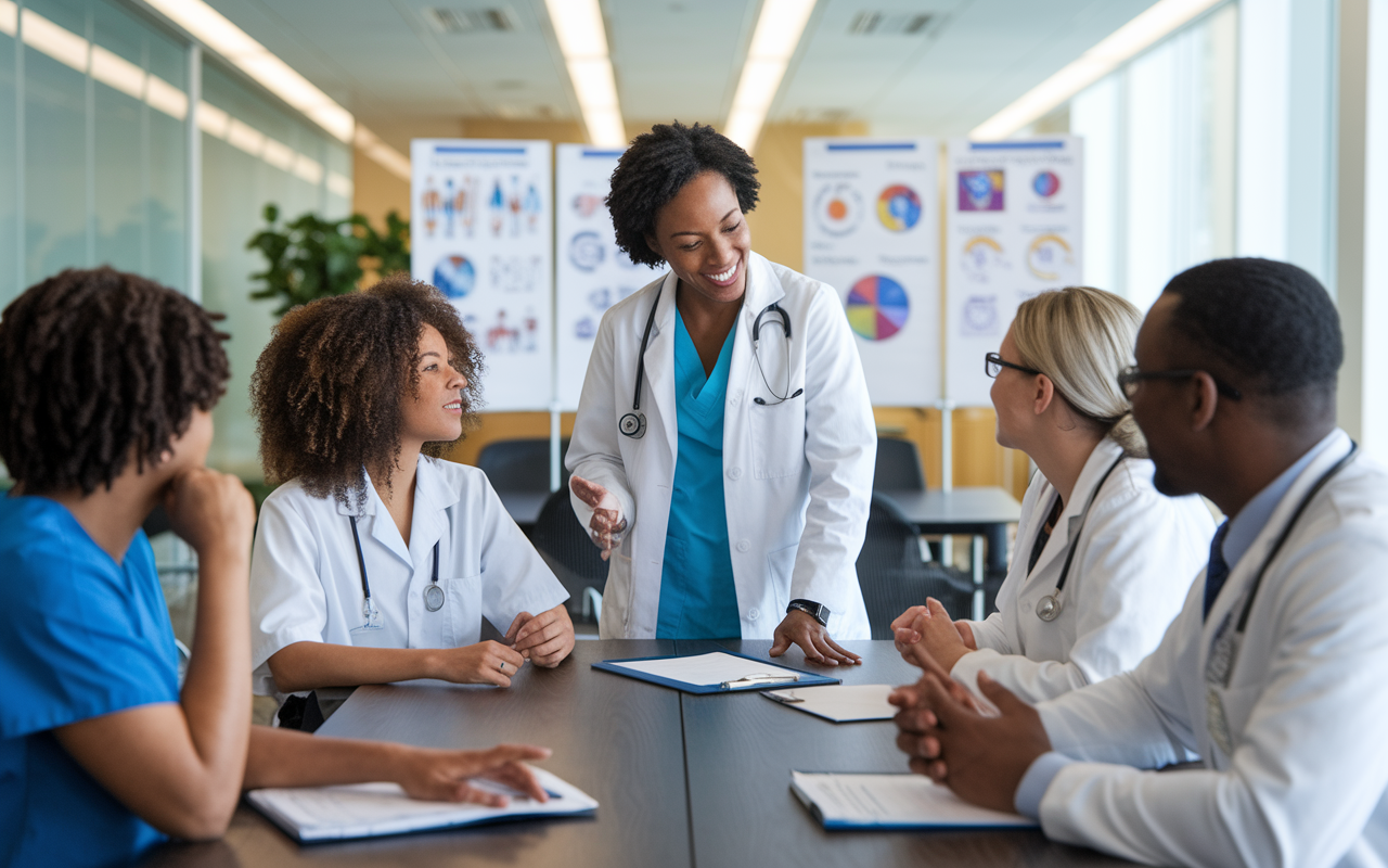 A friendly residency training session in a bright, spacious conferencing room, where a group of family medicine residents are engaged in an interactive discussion led by a compassionate educator. The focus is on collaborative learning and personal development, enhanced by the warm ambiance and supportive interactions. Charts and teaching materials are displayed around them, symbolizing the nurturing environment typical of less competitive specialties.