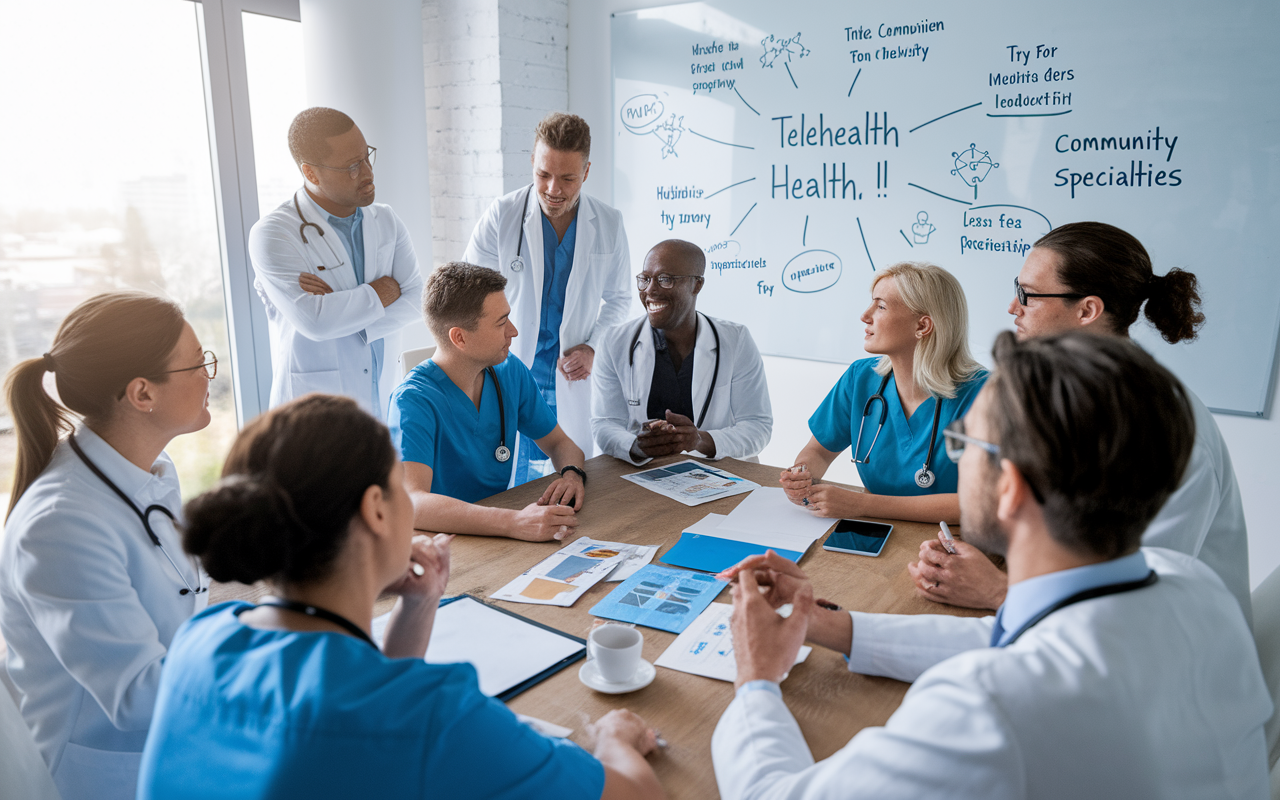 A dynamic medical team brainstorming innovative telehealth solutions in a bright and modern meeting space. The diverse group, including young and experienced practitioners, discusses new strategies passionately, highlighting their commitment to improving community health. A whiteboard filled with ideas shows their enthusiasm for leadership in less competitive specialties. The room is alive with creativity and collaboration, symbolizing the potential for innovation in healthcare.