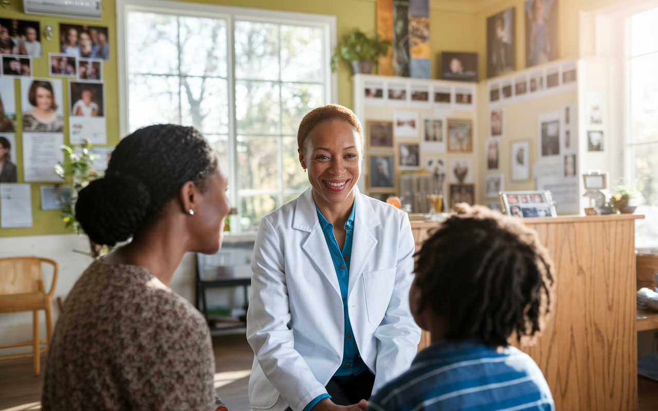 A dedicated family physician in a cozy rural clinic, engaging with patients of all ages in a warm, inviting atmosphere. The clinic is filled with family photos, medical charts, and a welcoming reception area. The physician, a middle-aged woman in a white coat, smiles as she listens to a young child and their parent, illustrating the close relationships in family medicine. The sunlight streams through large windows, creating a bright and cheerful setting.