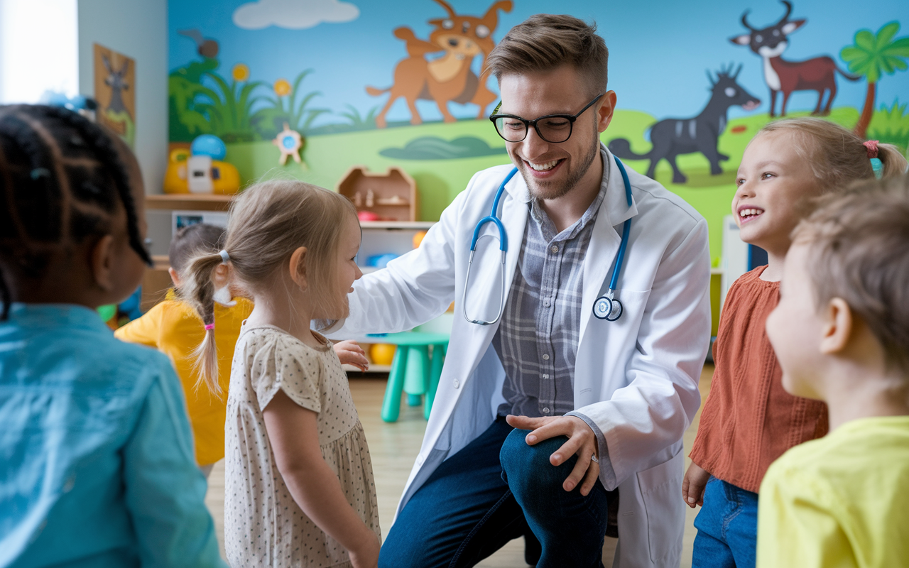 A joyful pediatrician, a young man with glasses, is playfully interacting with a group of children in a colorful clinic. Bright murals of animals adorn the walls, and toys are scattered around. The atmosphere is filled with laughter as the doctor kneels to engage with a toddler, showcasing the nurturing side of pediatrics. The room is well-lit, conveying a sense of care and comfort.