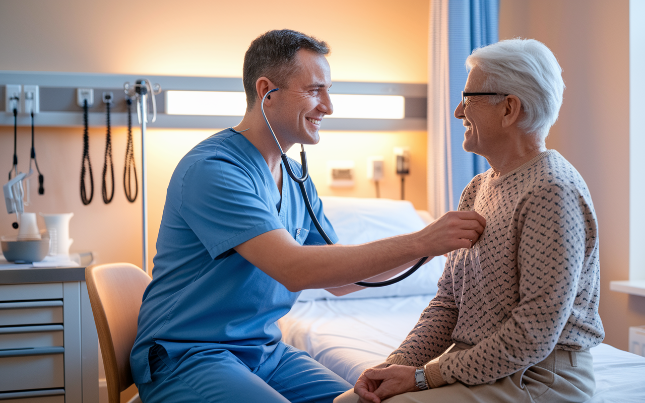 An internal medicine specialist, a middle-aged male doctor in scrubs, is examining a senior patient in a bright hospital room during a routine check-up. The room is organized, with medical instruments visible, creating a professional setting. The doctor approaches with empathy, using a stethoscope while sitting beside the patient, fostering a sense of trust and care. Warm lighting enhances the friendly environment.