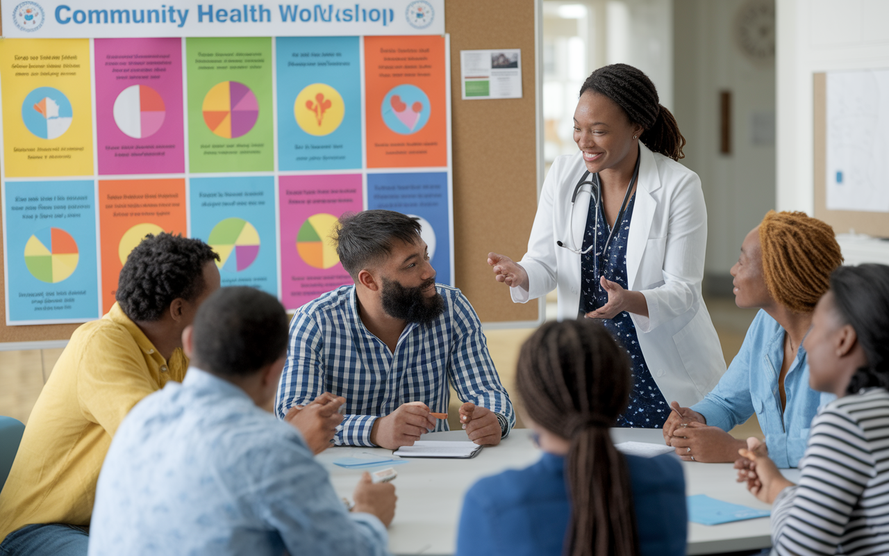 A dedicated public health physician leading a community health workshop in a local community center, engaging with diverse participants. Colorful charts and health resources are displayed on a large poster board. The physician, an enthusiastic woman, is explaining preventive health strategies to adults and families seated around a large table. The atmosphere is collaborative, filled with engagement and learning.