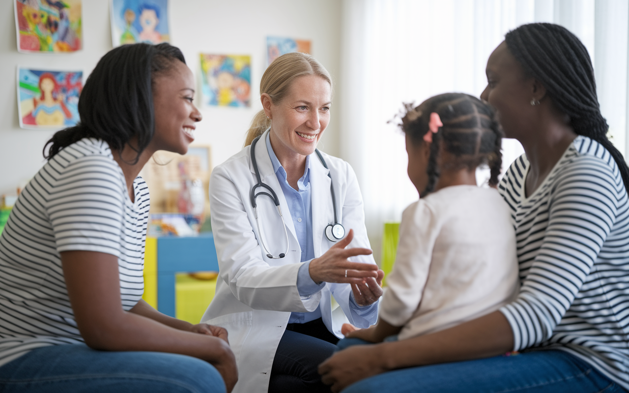 A compassionate family medicine doctor interacting with a family in a bright, cheerful clinic. The doctor, a middle-aged woman with a friendly demeanor, kneels to speak with a child while the parents look on with expressions of trust and appreciation. The clinic is decorated with colorful artwork and children’s drawings on the walls, creating an inviting environment. Soft natural light filters in through the window, enhancing the warm atmosphere of care and community.