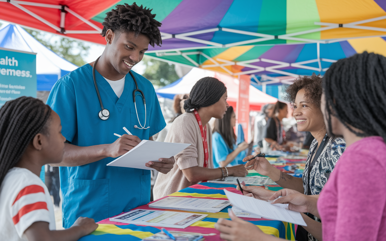 A dedicated medical student, dressed in scrubs, volunteering in a community health fair. The scene showcases the student engaging with diverse families, taking notes, and providing health education at a colorful booth decorated with health materials. Bright daylight and tents create an inviting environment, conveying a strong sense of community and service. The backdrop includes banners promoting health awareness, adding to the atmosphere of engagement and outreach.