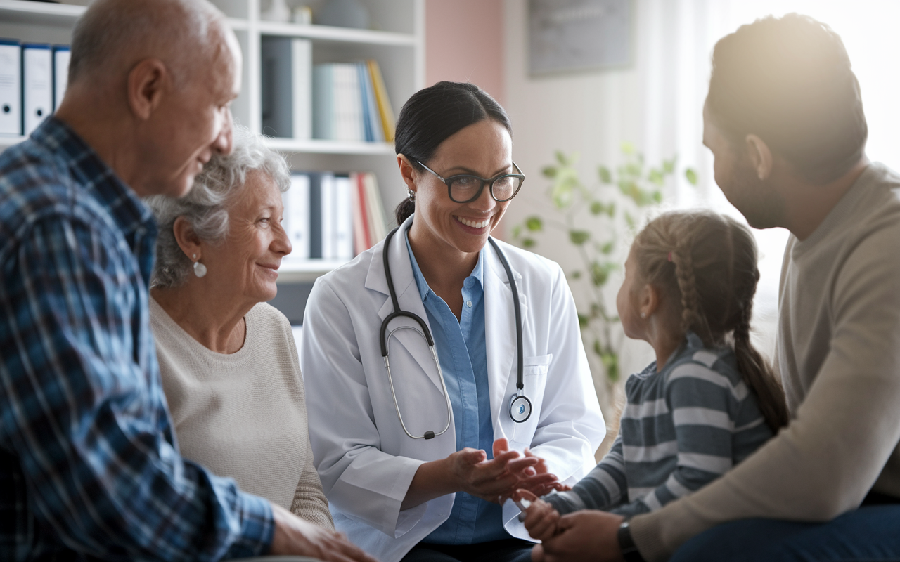 A compassionate family physician discussing with a multigenerational family in a cozy clinic setting. The physician, a middle-aged woman with glasses, smiles warmly as she interacts with a young child and their grandparents. The room is filled with medical charts, and soft, inviting colors evoke a sense of warmth and trust. A sunlight stream through a window adds a gentle glow, emphasizing the importance of patient care.