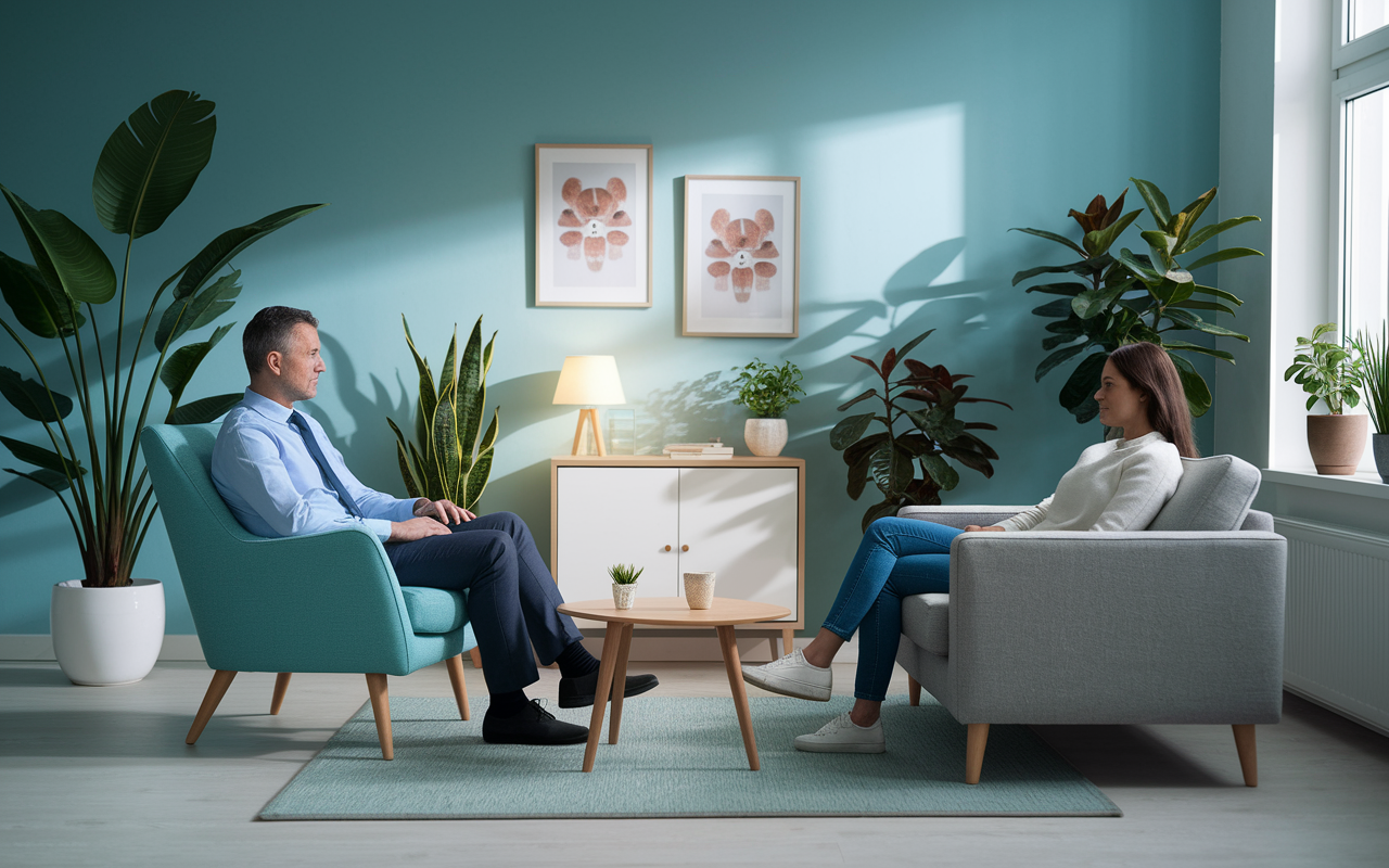 A serene psychiatrist's office with calming colors and inviting furniture. A psychiatrist, a calm middle-aged man, is seated in a contemporary armchair, attentively listening to a patient on the couch nearby. The room has potted plants and soft lighting which contribute to a peaceful therapy environment. The scene conveys comfort and trust, perfect for sensitive conversations.