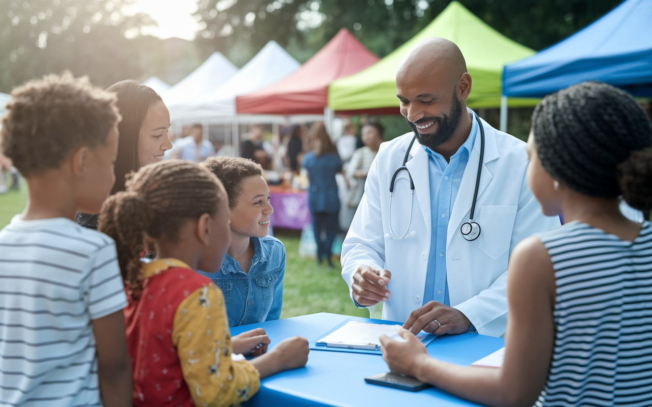 A warm, engaging family doctor in a community wellness event, surrounded by families and children. The scene depicts the doctor conducting a health check-up at an outdoor fair, with educational materials and friendly interactions. The fair's colorful tents and festive atmosphere are set against a backdrop of a sunny day, emphasizing community connection and health awareness.