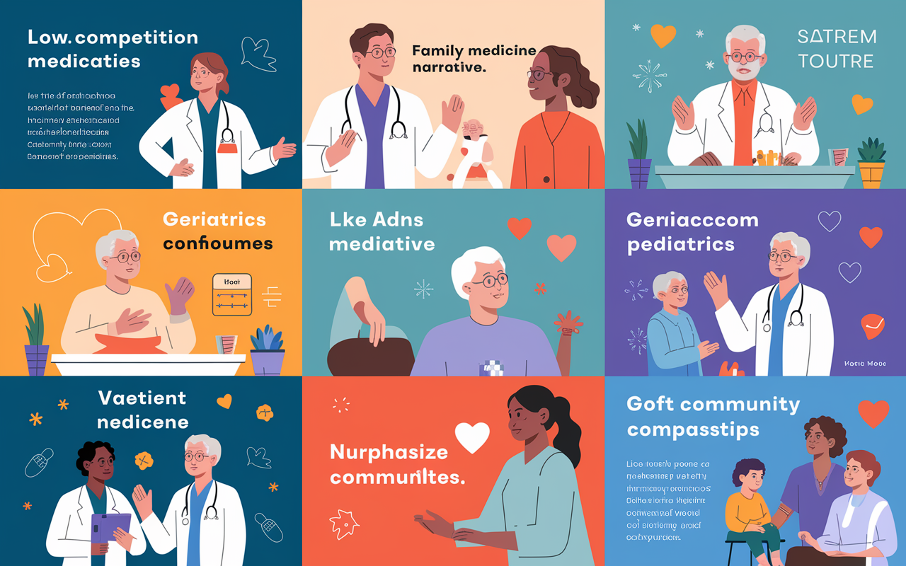 An informative collage featuring various low-competition medical specialties like family medicine, geriatrics, and pediatrics. Visual elements include a family doctor with a patient narrative, an elderly patient consultation, and a pediatrician interacting with a child. Each section ooze with warmth and care, using soft pastel colors, with symbols like heartbeats, children's toys, and aged hands to emphasize nurturing relationships. The ambiance conveys a sense of community and compassion, illustrating the diverse paths within less competitive medical fields.