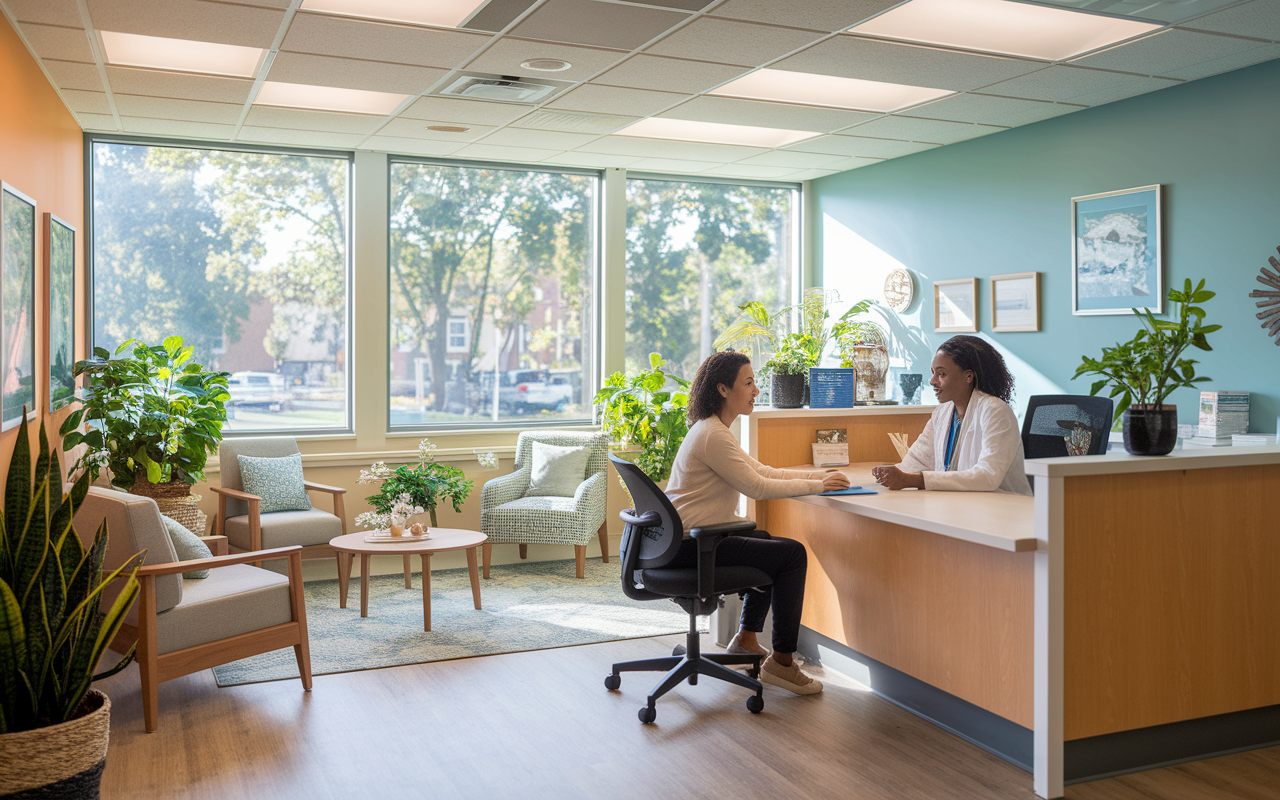 A cozy family medicine office showcasing an inviting atmosphere with natural light pouring in from large windows. The office is equipped with comfortable seating, a welcoming reception area, and a healthcare provider calmly consulting with a patient at the desk. The environment reflects a peaceful, stress-free setting, adorned with plants, bright colors, and family-friendly decor. The scene promotes tranquility and balance, emphasizing the benefits of working in a low-competition specialty.