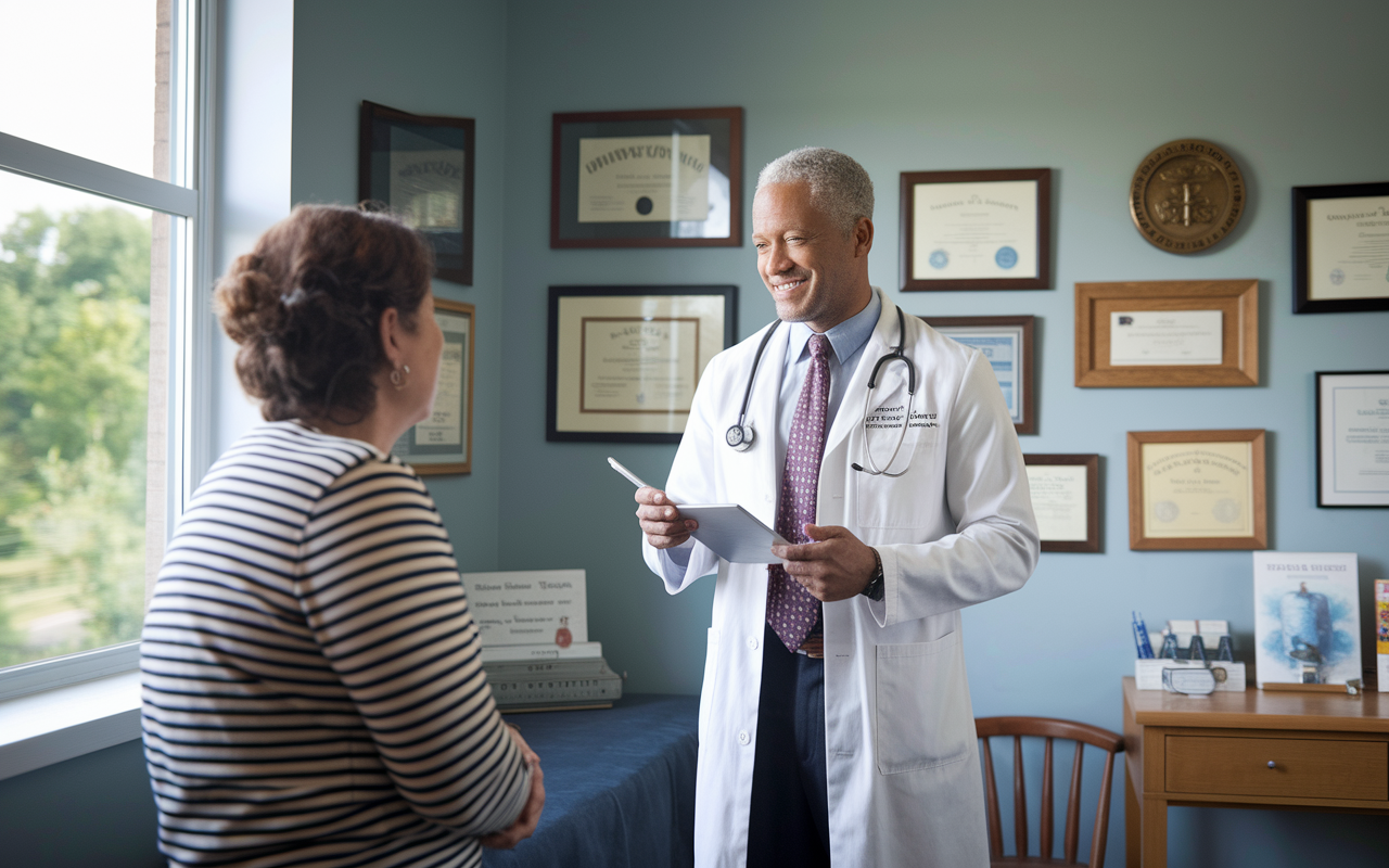 A rural family practice setting highlighting a doctor in a modern examination room, confidently discussing a treatment plan with a patient. Walls filled with personal touches like certificates and community awards add to a sense of professionalism and autonomy. The room is brightly lit with natural light, showcasing a friendly doctor and emphasizing the personal connections that can flourish in low-competition specialties. The atmosphere conveys a sense of empowerment and dedication to patient care.