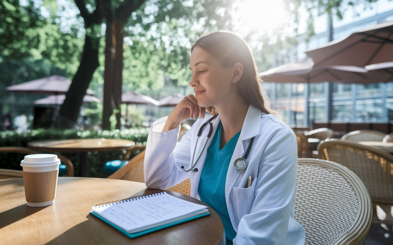 A thoughtful medical student sitting at a serene outdoor café, contemplating her future in medicine. She has a notebook filled with notes about different specialties, and a warm coffee beside her. The setting is infused with natural beauty, showcasing trees and sunlight, symbolizing a moment of clarity and introspection. The scene reflects the importance of personal values and priorities in choosing a medical specialty.