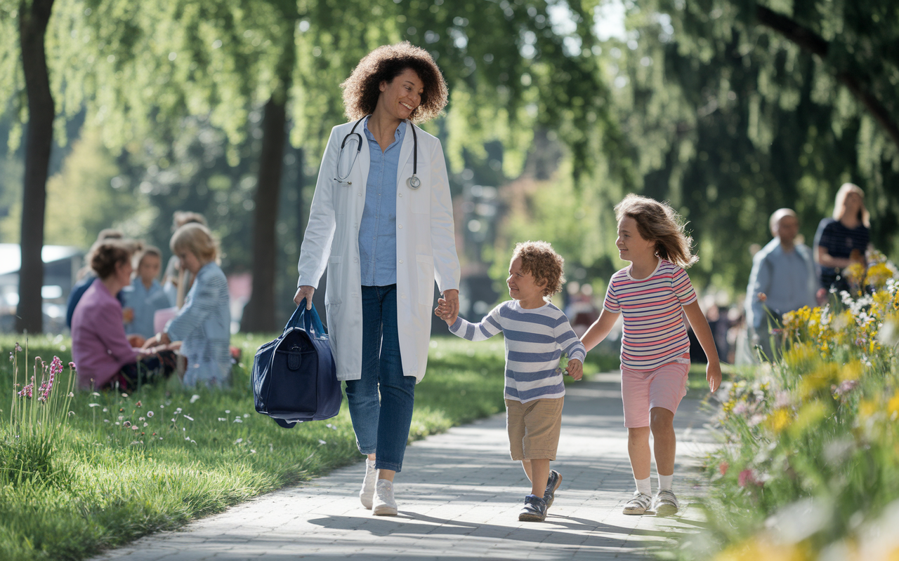 A family physician walking through a park on a sunny Saturday afternoon, carrying a medical bag, smiling and engaging with children playing nearby. She is dressed casually, showcasing the relaxed lifestyle associated with less competitive specialties. The park is lively with families, greenery, and vibrant flowers, illustrating the balance between professional responsibilities and personal life in family medicine.