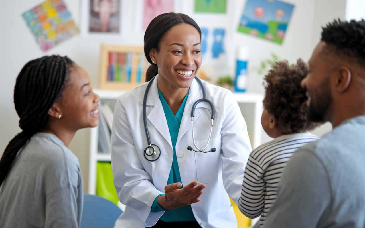 A satisfied family doctor, wearing a white coat with a stethoscope, beaming as she interacts with a happy, healthy family during a wellness check-up in an inviting clinic room. The room is bright and cheerful, filled with children's art and patient education materials, captured in a soft focus to emphasize warmth and contentment.