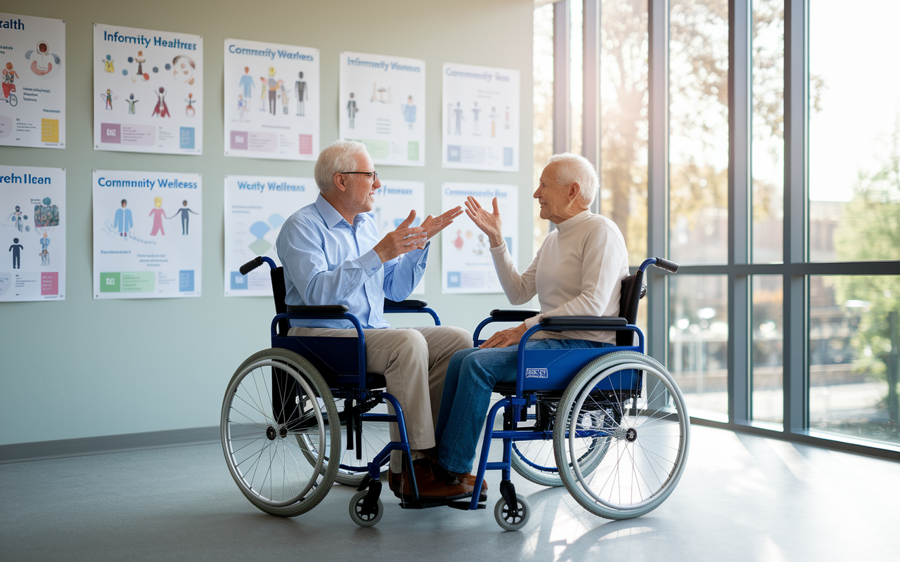 A senior geriatric specialist in a wheelchair-friendly clinic examining an elderly patient, both engaged in an important conversation about health. The background shows a wall filled with informative health charts and community wellness posters. Natural light floods in through large windows, symbolizing hope and the growing importance of geriatric care.