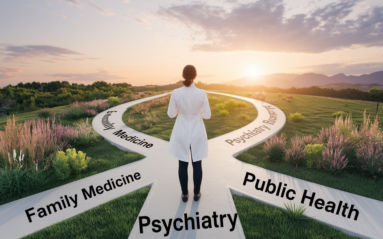 A hopeful medical student standing at a crossroads in a serene environment, contemplating different paths labeled with various specialties like family medicine, psychiatry, and public health. The surrounding landscape is lush and vibrant, with a soft, golden sunset creating a warm atmosphere, symbolizing the journey of discovery in choosing one's medical career.