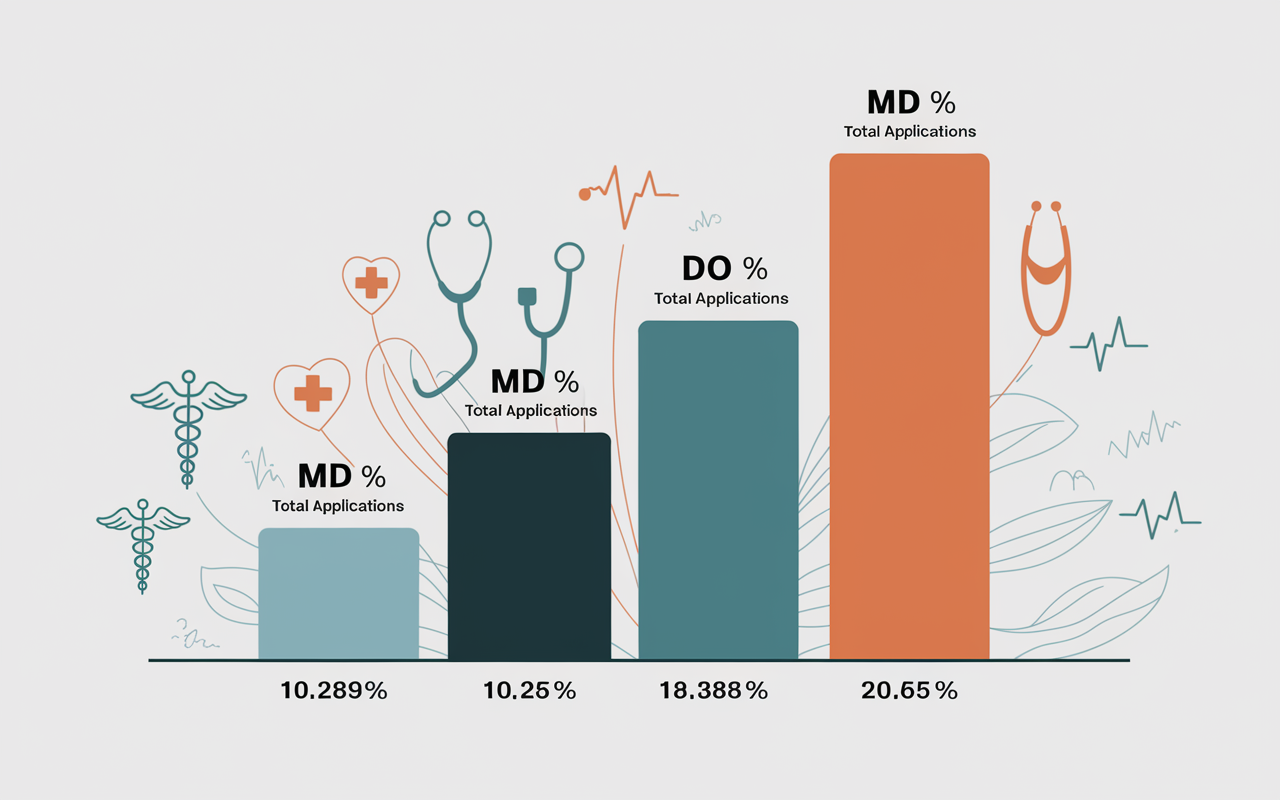 A bar graph showcasing acceptance rates of MD vs. DO programs, annotated with numerical data indicating percentages and total applications. The MD bar is narrower and taller, indicating lower acceptance rates compared to the wider DO bar, symbolizing higher acceptance rates. The background includes subtle illustrations of medical symbols—stethoscopes, caduceus—enhancing the informative nature of the graphic.