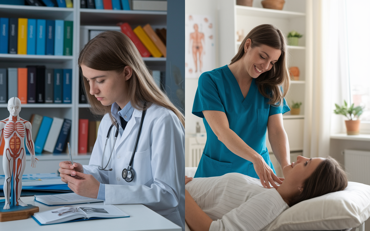 A split-image display showing two medical students – one studying in a traditional laboratory for MD and the other practicing OMT with a patient in a cozy clinic for DO. The MD student is surrounded by books and models of the human body with bright, clinical lighting, while the DO student engages warmly with a patient in a softly lit environment. This juxtaposition captures the essence of both curricula visually.