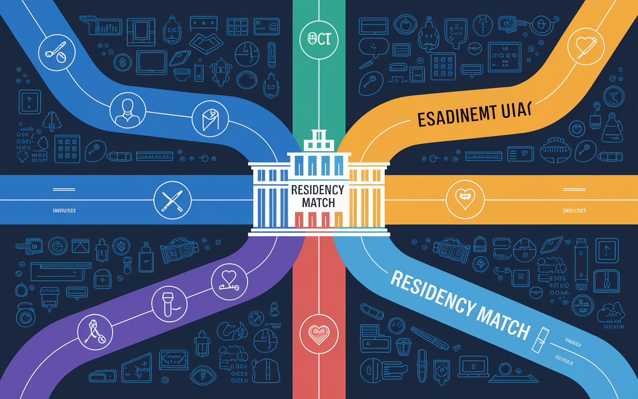 An illustration depicting the pathways from medical graduation to residency matching for both DO and MD graduates. The pathways intertwine, converging at a large hospital building with the words 'Residency Match' prominently displayed. Each route is adorned with icons representing various specialties—like a scalpel for surgery, a stethoscope for primary care—symbolizing the diverse options available to both types of graduates. The colors create a hopeful and competitive atmosphere.