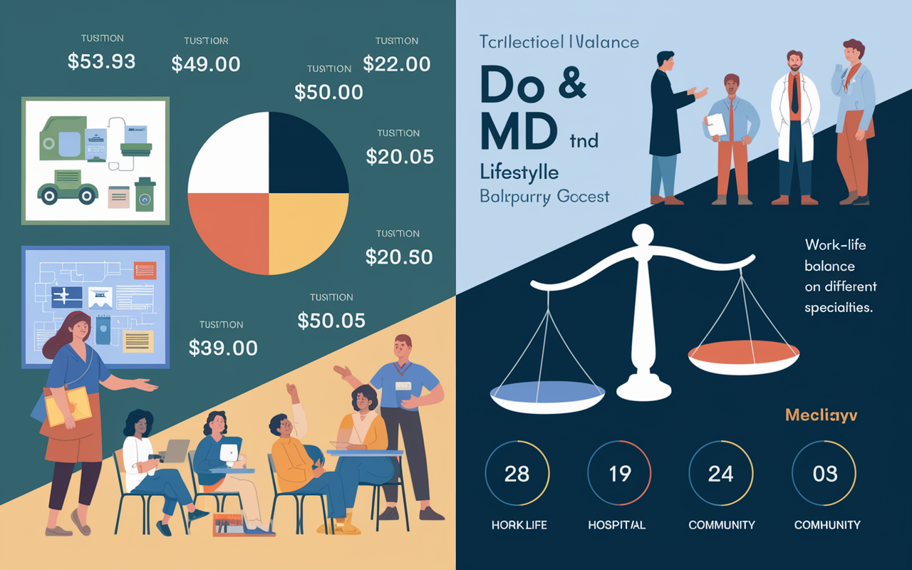 A visual representation highlighting the cost and lifestyle balance between DO and MD programs. One side displays a pie chart illustrating tuition costs, and the other half showcases a balancing scale comparing work-life balance and hours spent on different specialties. The background captures elements of a classroom, hospital, and community, painting a picture of the medical journey.