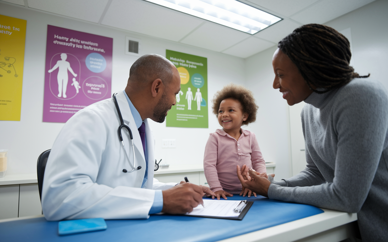 A dedicated family physician in a white coat, examining a young patient in a bright and modern examination room. The physician is looking at a chart with a compassionate expression, while the child is smiling, supported by a concerned parent. Bright overhead lighting illuminates colorful diagrams on the walls about health and wellness, reflecting the positive and patient-centered approach of family medicine.