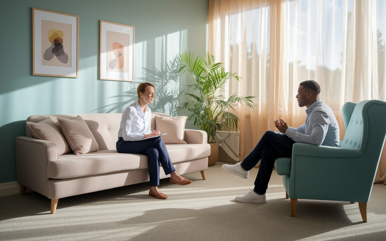 An inviting psychiatrist's office with a cozy, comfortable couch and soft armchairs, a warm carpet, and light pastel walls adorned with calming artwork. A psychiatrist sits attentively, listening to a patient sharing their thoughts, with a notepad in hand. Gentle sunlight filters through sheer curtains, creating a peaceful and therapeutic space that embodies the importance of mental health care.