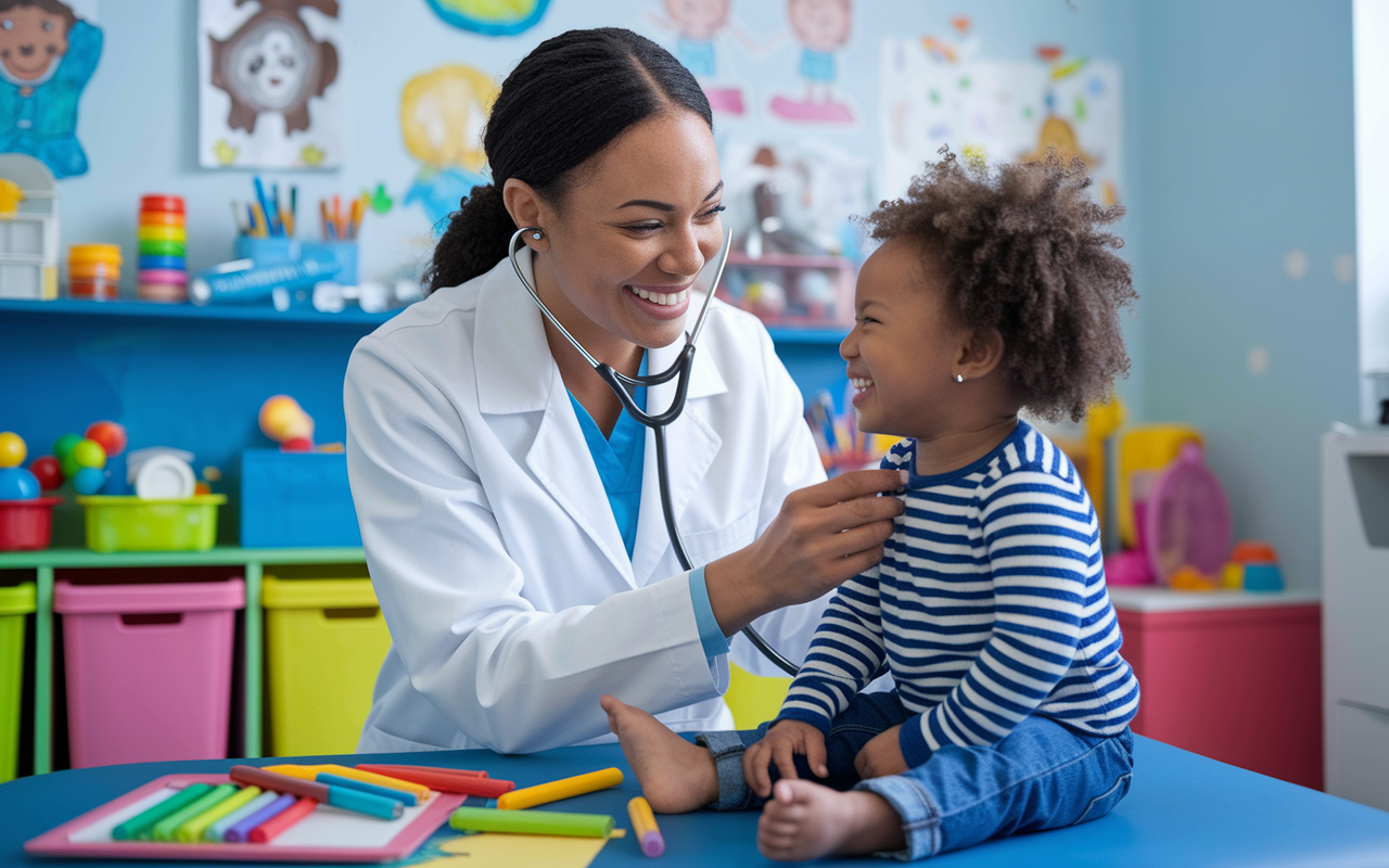 A cheerful pediatrician in a colorful examination room filled with toys and art supplies, gently examining a giggling child with a stethoscope. The room is decorated with bright colors and children's drawings, creating a playful atmosphere. The pediatrician is smiling, fostering a nurturing environment that emphasizes the joy of caring for children.