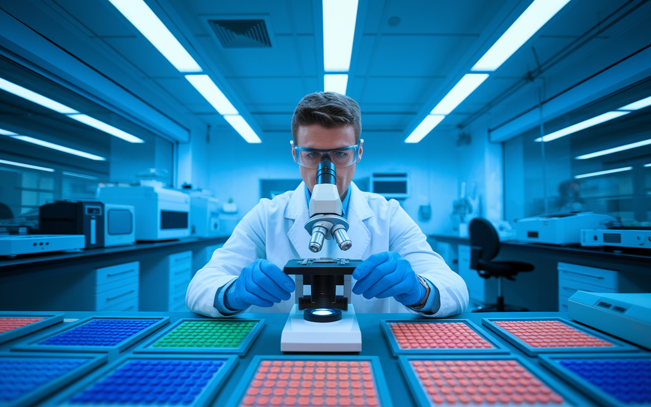 A focused pathologist in a high-tech laboratory, examining slides under a powerful microscope. The room is filled with modern lab equipment and illuminated by bright overhead lights, creating a sterile yet vibrant environment. The pathologist's expression is one of concentration, surrounded by colorful biological samples, representing the crucial diagnostic role in healthcare.