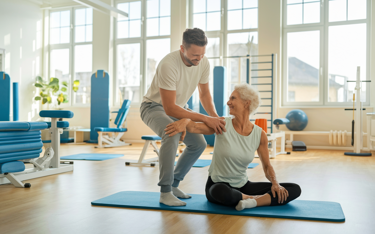 A physiotherapist engaging with a patient in a bright and spacious rehabilitation gym, filled with various exercise equipment. The therapist demonstrates a stretching exercise, guiding the patient with encouragement. Soft natural light pours in through large windows, creating a positive and supportive environment for recovery and rehabilitation.