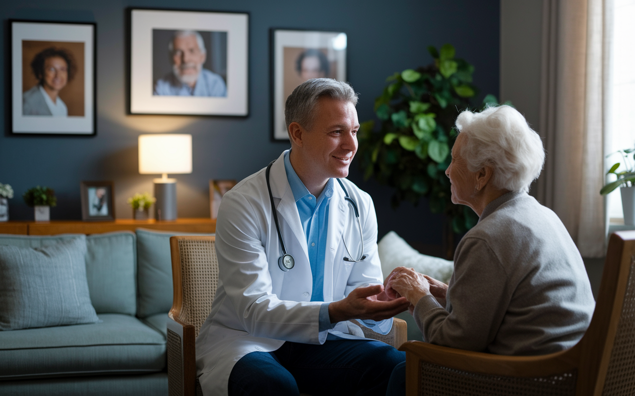 A compassionate geriatric physician warmly engaging with an elderly patient in a cozy consultation room. The room has comfortable furniture, framed family photos, and soft ambient lighting. The physician is attentively listening and discussing care plans while the patient appears relaxed and reassured, reflecting the nurturing aspect of geriatric medicine.